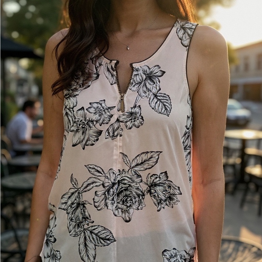 Candie's Floral Zip-Front Blouse - Pink and Black